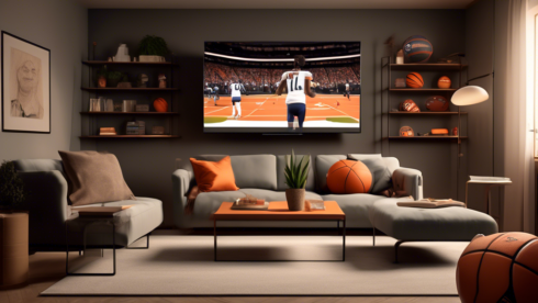 Create an image of a modern living room with a large flat-screen TV displaying the fuboTV interface. The scene should include a comfortable couch with a couple of people watching sports, surrounded by footballs, basketballs, and other sports memorabilia. The room has soft ambient lighting, and a fuboTV logo is prominent on the TV screen.