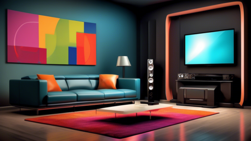 Create an image of a modern living room transformed into a state-of-the-art home theater, featuring a large, high-definition television displaying DirecTV Stream in action. The room should include comfortable seating, sleek speakers, ambient lighting, and a popcorn machine to highlight the ultimate home entertainment experience.