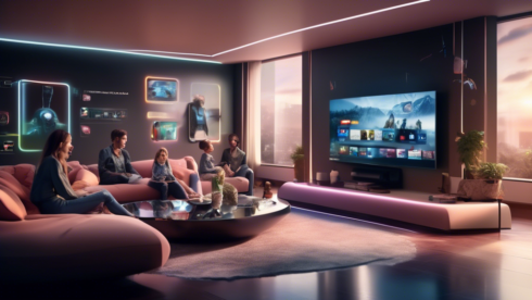 A futuristic living room with a sleek, modern design, where a family is enjoying various forms of streaming entertainment on a large, state-of-the-art TV. The TV screen shows multiple popular streaming platforms and iconic show thumbnails. Advanced technology is evident with voice-controlled assistants and augmented reality features. The atmosphere is lively and engaging, emphasizing the seamless integration of streaming services in everyday life.