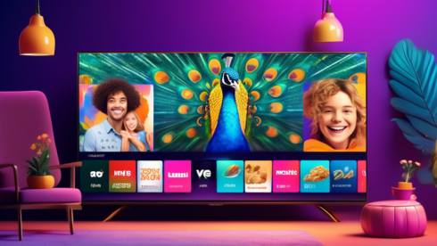 Create a vibrant and modern digital illustration featuring a user interface of Peacock Premium streaming service on a smart TV screen. Highlight the Peacock logo with a colorful, eye-catching design. Surround the TV with happy people of diverse backgrounds, comfortably lounging on a couch with popcorn and snacks, holding remote controls. Include some popular movie and TV show thumbnails displayed on the screen, and make the overall ambiance cozy and engaging, with a living room setting.