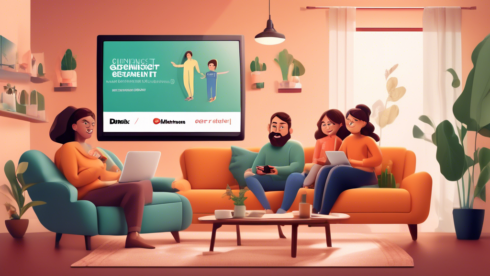 A cozy living room scene with a smart TV displaying a streaming service interface featuring a variety of local channels. A family sits on the couch, relaxed and happy, enjoying the affordable access to local content. In the background, a banner reads 'Der günstigste Streaming-Dienst mit lokalen Sendern' in bold, inviting letters.