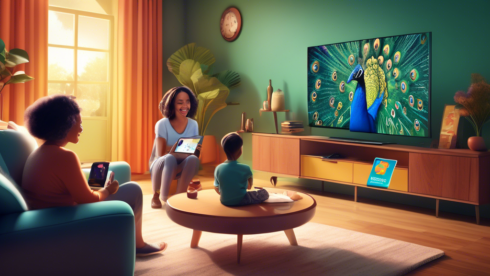 Create an image illustrating the key features of the Peacock subscription service, including a colorful peacock logo, a streaming app interface on a smart TV, a tablet and a smartphone, showcasing a family enjoying various shows and movies. The background should have a cozy living room with subtle hints of popular TV shows and films available on Peacock.