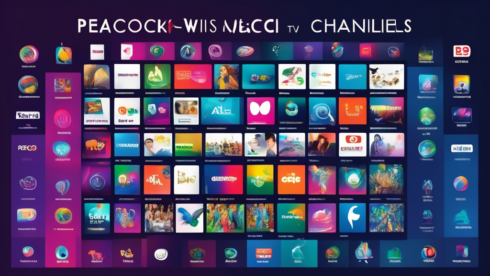 Create an image of a colorful digital interface showcasing various Peacock TV channels. Include icons representing different genres such as movies, sports, news, and children's programming. The background should feature the Peacock TV logo prominently. Text in German reads, 'Peacock TV Channels: Alles, was Sie Wissen Müssen.' Make sure the overall design is sleek and modern, reflecting the dynamic and diverse offerings of Peacock TV.