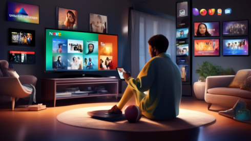 Create an image that illustrates the concept of NBC streaming. The scene should feature a person sitting comfortably in a modern living room, with a large smart TV displaying the NBC logo and various popular NBC shows visible in a user interface. Surrounding the person, include an array of streaming devices such as a tablet, smartphone, and laptop, all showing the NBC streaming platform's interface to depict accessibility and versatility. The atmosphere should feel cozy and high-tech, capturing the essence of convenient digital entertainment.