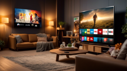 Create an image depicting a cozy living room setting with a smart TV displaying various popular streaming channel logos like AMC, Discovery Channel, A&E, and Hallmark. The room is warmly lit and includes a comfortable couch and a coffee table with a bowl of popcorn and a remote control. This scene should convey the concept of affordable and diverse streaming options available on Philo TV, inviting the viewer to relax and enjoy a wide range of channels.