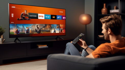 Create an image depicting a cozy living room setting with a modern television screen displaying the fuboTV interface. The TV is connected to a sleek Amazon Fire TV device. In the foreground, a couple sitting comfortably on a couch, with a remote control in hand, is enthusiastically browsing through various sports and entertainment options available on fuboTV. The room is warmly lit, with subtle decorations that include sports memorabilia and plants, creating an inviting atmosphere.