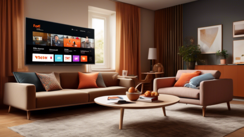 Create an image featuring a modern living room with a large flat-screen TV displaying the Foxtel Now interface. The room is stylishly decorated with a cozy sofa and a coffee table. On the coffee table, there's a laptop and a smartphone, both showing the Foxtel Now logo, representing the streaming service's versatility. A person is comfortably seated on the sofa, holding a remote control, visibly excited to explore the variety of channels and shows available on Foxtel Now, with icons of popular TV shows floating around the room.