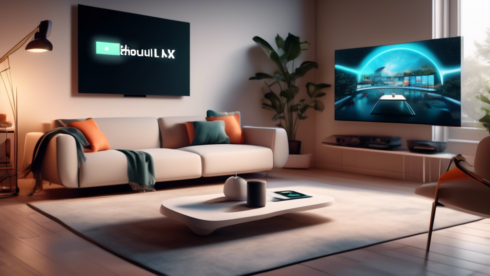 Create an image depicting a futuristic living room setting in 2023, with a large smart TV displaying a user interface showcasing a variety of streaming services. Include diverse streaming logos like Netflix, Amazon Prime, Disney+, HBO Max, Hulu, and Apple TV+. Show a remote control on a sleek coffee table and a comfortable couch, emphasizing a modern and high-tech atmosphere, with subtle lighting that highlights the screen.