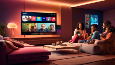 Create an image depicting a cozy living room with a large smart TV displaying a digital interface of various local TV channels available on streaming services. Include diverse family members sitting on a comfortable couch, enjoying the seamless streaming experience. The room is softly lit, with modern decor and the TV screen glowing with logos of local TV stations from different regions.