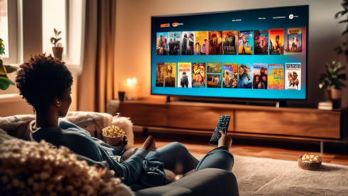 Create an image depicting a person comfortably sitting on a couch with a remote control in hand, as a vibrant display of various movie and TV show posters are streaming from the screen of a modern television, showcasing the diversity of content available on Reelz Streaming. The room is cozy and inviting, with a small popcorn bowl on the side table, capturing the essence of a leisurely streaming experience.