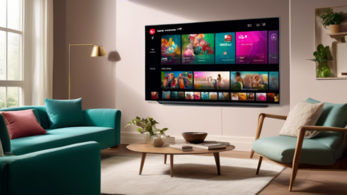 Create an image of a modern living room with a sleek, wall-mounted LG smart TV displaying the Peacock TV app interface. The TV screen should be vibrant and colorful, showcasing popular show thumbnails from the Peacock streaming service. The room should have a cozy and contemporary design, with comfortable furniture and subtle lighting that highlights the television as the room's focal point.