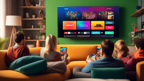 Create an image of a cozy living room with a modern, sleek flat-screen TV on the wall displaying a wide variety of entertainment options. The TV screen should show a vibrant Spectrum TV Stream interface, with a diverse range of colorful icons representing movies, TV shows, sports, and live channels. In the foreground, a comfortable couch with a couple of people eagerly browsing their options with a remote control in hand, surrounded by soft lighting and stylish decor, reflecting a welcoming atmosphere perfect for enjoying streaming entertainment.
