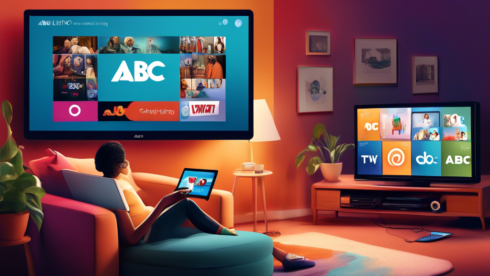 Create an image depicting various ways to watch ABC Live, featuring a person using multiple devices such as a smart TV, a laptop, a smartphone, and a tablet. Include elements like the ABC logo on each screen, a cozy living room setting with a plush sofa and ambient lighting, and a sense of modern technology and connectivity.