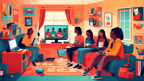 Create an image of a diverse group of college students in a cozy dorm room, happily watching a large screen TV with the YouTube TV logo displayed. The room is decorated with school supplies and vibrant posters. Include a laptop on a desk showing a YouTube TV student discount notification, emphasizing the theme of affordability and student life.